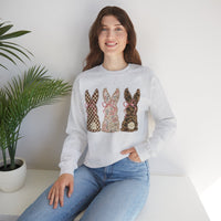 Easter Bunny Trio - Checkered, Floral & Leopard – Gildan Heavy Blend | Trendy Women’s Soft Sweatshirt. Direct to Garment. Printed & Shipped in the USA. Unisex Sizes.