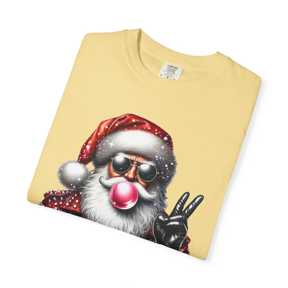 Biker Santa Leather Jacket Bubblegum - Comfort Colors | Trendy Women's and Men's T-Shirt. Direct to Garment. Printed & Shipped in the USA. Unisex Sizes.