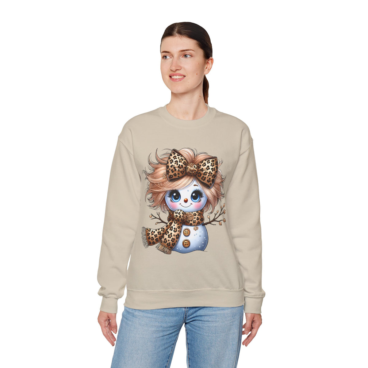 Snowgirl Cute Leopard Bow Snowman, Winter Cozy – Gildan Heavy Blend | Trendy Women’s Soft Sweatshirt. Direct to Garment. Printed & Shipped in the USA. Unisex Sizes.