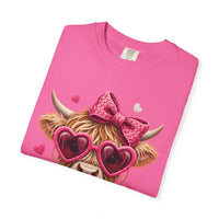 Highland Cow - Pink Heart Shaped Glasses - Comfort Colors | Trendy Women's T-Shirt. Direct to Garment. Printed & Shipped in the USA. Unisex Sizes.