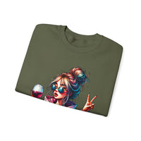 Dramatic Girl With Wine Messy Bun Peace Sign – Gildan Heavy Blend | Trendy Women’s Soft Sweatshirt. Direct to Garment. Printed & Shipped in the USA. Unisex Sizes.