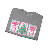 Merry & Bright Christmas - Pink & Green Holiday Tree Design – Gildan Heavy Blend | Trendy Women’s Soft Sweatshirt. Direct to Garment. Printed & Shipped in the USA. Unisex Sizes.