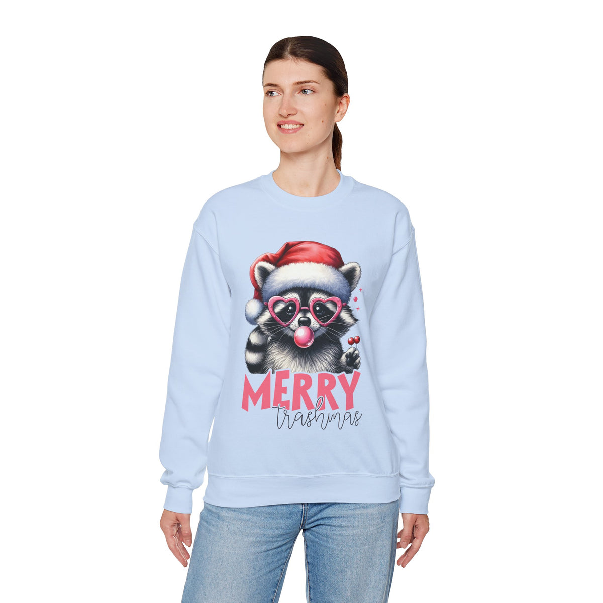 Merry Trashmas Bubblegum Raccoon w/Santa Hat Christmas – Gildan Heavy Blend | Trendy Women’s Soft Sweatshirt. Direct to Garment. Printed & Shipped in the USA. Unisex Sizes.