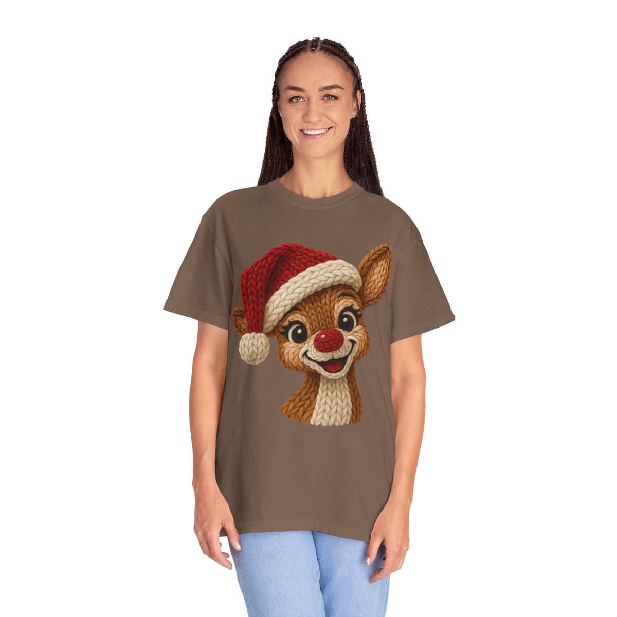 Cute Rudolph Faux Knit Look Reindeer w/Santa Hat - Comfort Colors | Trendy Women's T-Shirt. Direct to Garment. Printed & Shipped in the USA. Unisex Sizes.