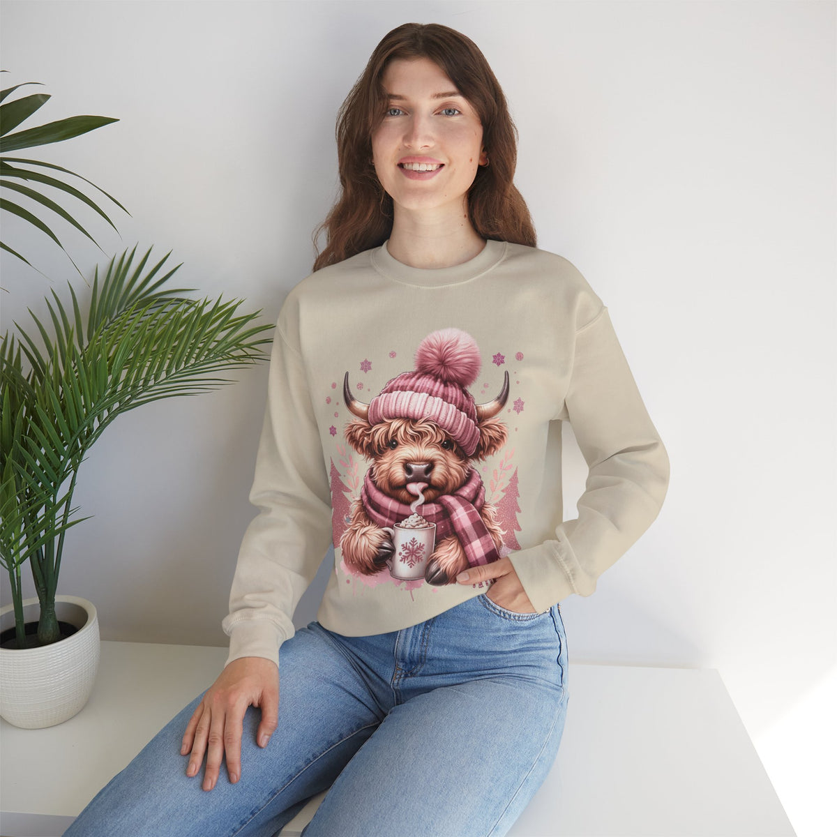 Cozy Highland Cow, Winter Coffee Mug & Scarf Pink – Gildan Heavy Blend | Trendy Women’s Soft Sweatshirt. Direct to Garment. Printed & Shipped in the USA. Unisex Sizes.