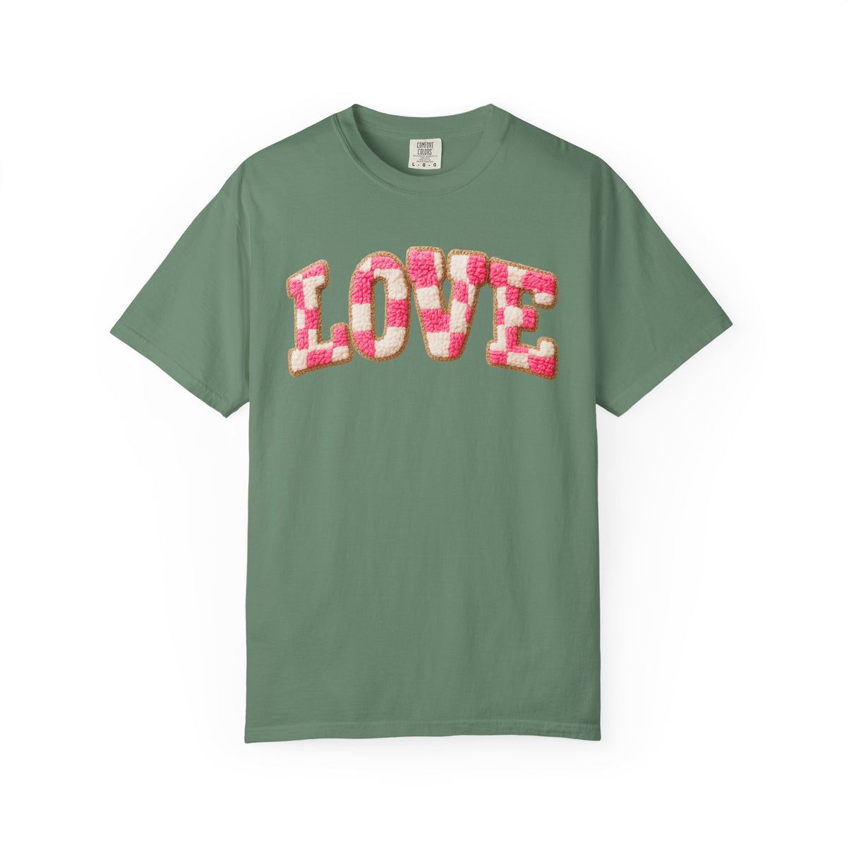 Faux Crochet Checkered LOVE - Comfort Colors | Trendy Women's T-Shirt. Direct to Garment. Printed & Shipped in the USA. Unisex Sizes.
