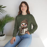 Leopard Snowman - Leopard Purse, Drink, Hat & Scarf – Gildan Heavy Blend | Trendy Women’s Soft Sweatshirt. Direct to Garment. Printed & Shipped in the USA. Unisex Sizes.