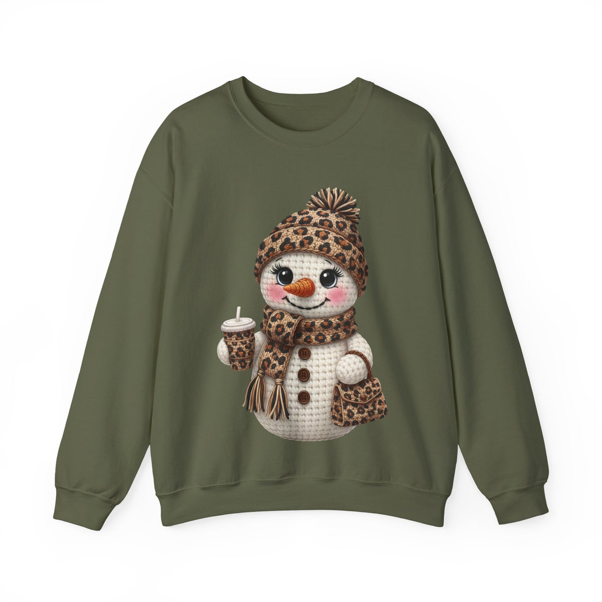 Leopard Snowman - Leopard Purse, Drink, Hat & Scarf – Gildan Heavy Blend | Trendy Women’s Soft Sweatshirt. Direct to Garment. Printed & Shipped in the USA. Unisex Sizes.