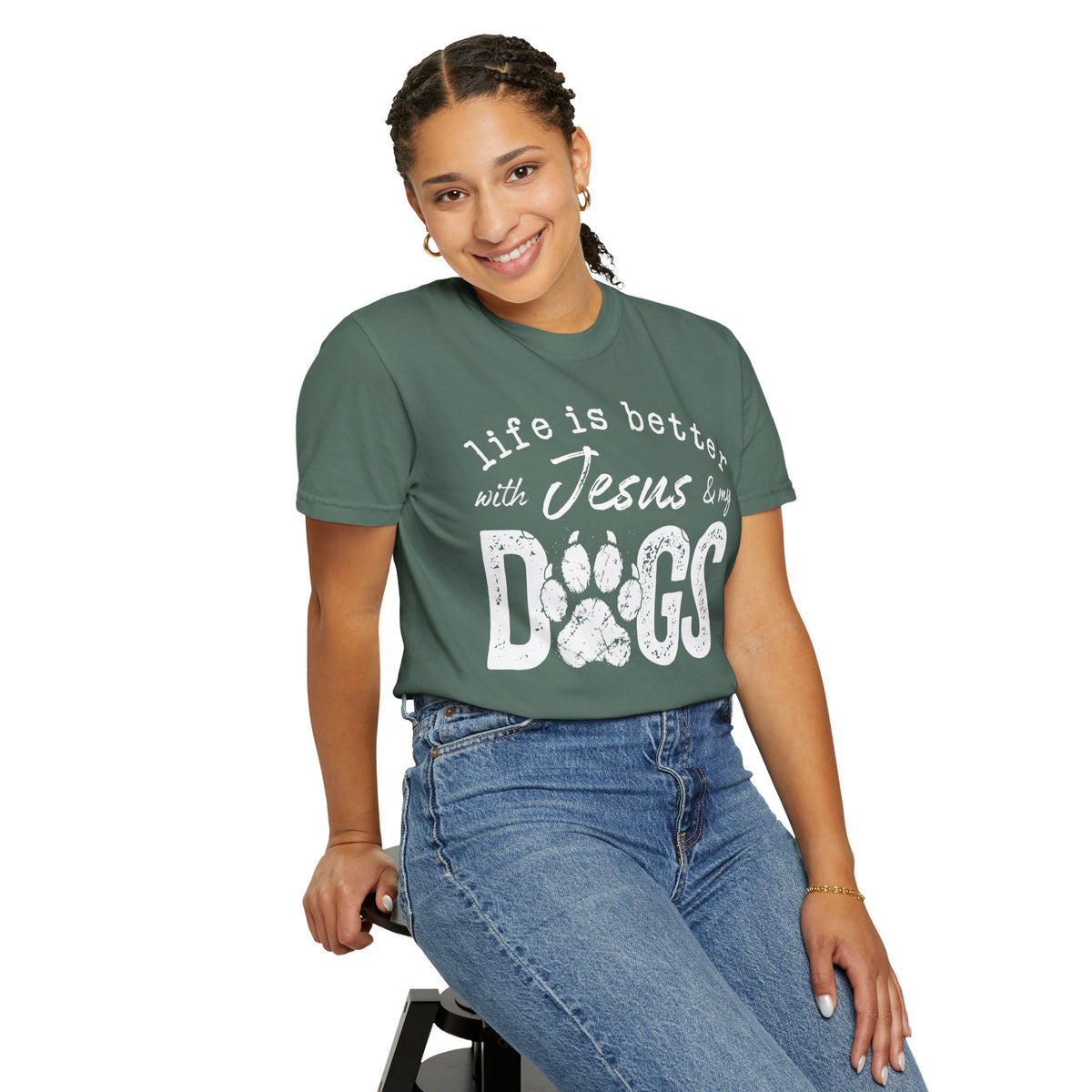 Life is Better With Jesus and My Dogs - Comfort Colors | Trendy Women's and Men's T-Shirt. Direct to Garment. Printed & Shipped in the USA. Unisex Sizes.