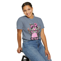 Cute But Feral, Raccoon in Pink Bibs - Comfort Colors | Trendy Women's T-Shirt. Direct to Garment. Printed & Shipped in the USA. Unisex Sizes.