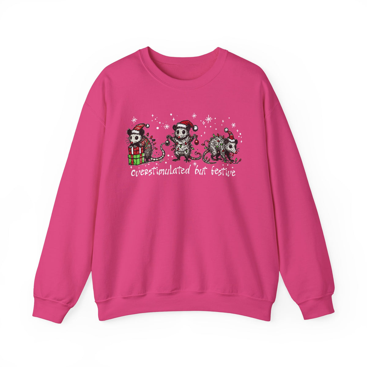 Overstimulated But Festive Christmas Possums – Gildan Heavy Blend | Trendy Women’s and Men's Soft Sweatshirt. Direct to Garment. Printed & Shipped in the USA. Unisex Sizes.