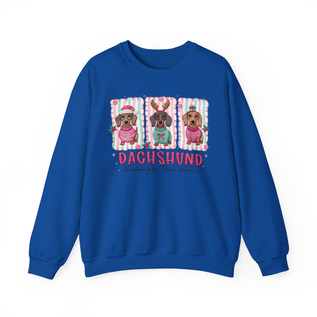 Dachshund Through the Snow – Gildan Heavy Blend | Trendy Women’s Soft Sweatshirt. Direct to Garment. Printed & Shipped in the USA. Unisex Sizes.