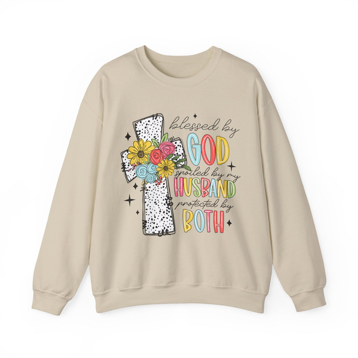 Blessed By God, Spoiled By My Husband, Protected By Both – Gildan Heavy Blend | Trendy Women’s Soft Sweatshirt. Direct to Garment. Printed & Shipped in the USA. Unisex Sizes.