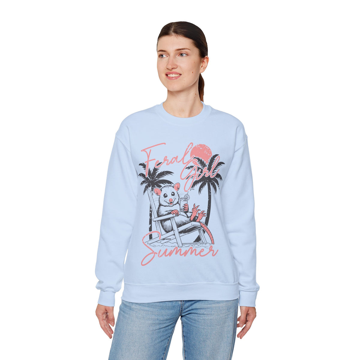Feral Girl Summer, Possum on a Beach – Gildan Heavy Blend | Trendy Women’s Soft Sweatshirt. Direct to Garment. Printed & Shipped in the USA. Unisex Sizes.