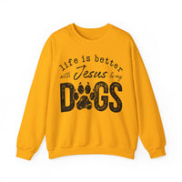Life is Better With Jesus and My Dogs – Gildan Heavy Blend | Trendy Women’s and Men's Soft Sweatshirt. Direct to Garment. Printed & Shipped in the USA. Unisex Sizes.