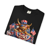 Patriotic Highland, America's 250th Birthday - Comfort Colors | Trendy Women's and Men's T-Shirt. Direct to Garment. Printed & Shipped in the USA. Unisex Sizes.