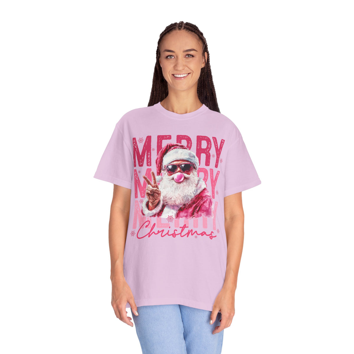 Pink Merry Christmas Bubblegum Santa - Comfort Colors | Trendy Women's T-Shirt. Direct to Garment. Printed & Shipped in the USA. Unisex Sizes.