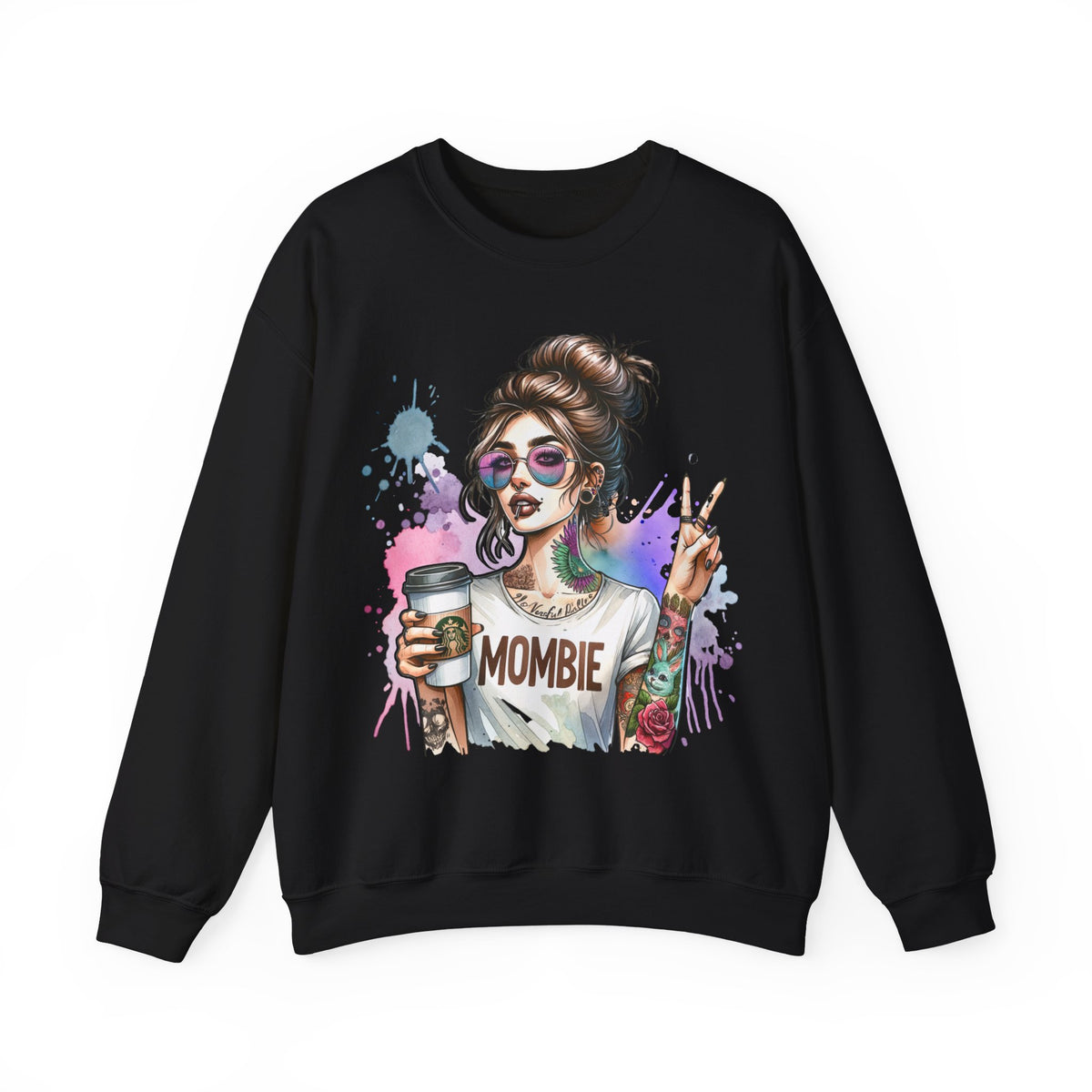 Cool Mombie with Coffee Peace Tattoo - Tired Mom – Gildan Heavy Blend | Trendy Women’s Soft Sweatshirt. Direct to Garment. Printed & Shipped in the USA. Unisex Sizes.