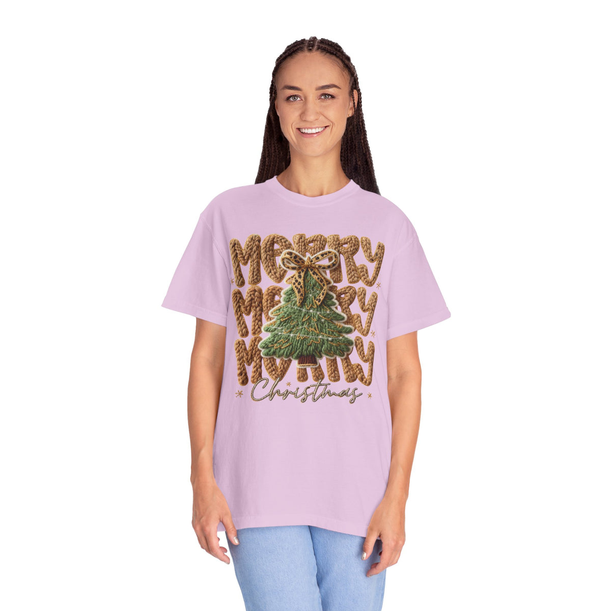Merry Merry Merry Christmas, Faux Latch Hook Yarn - Comfort Colors | Trendy Women's T-Shirt. Direct to Garment. Printed & Shipped in the USA. Unisex Sizes.