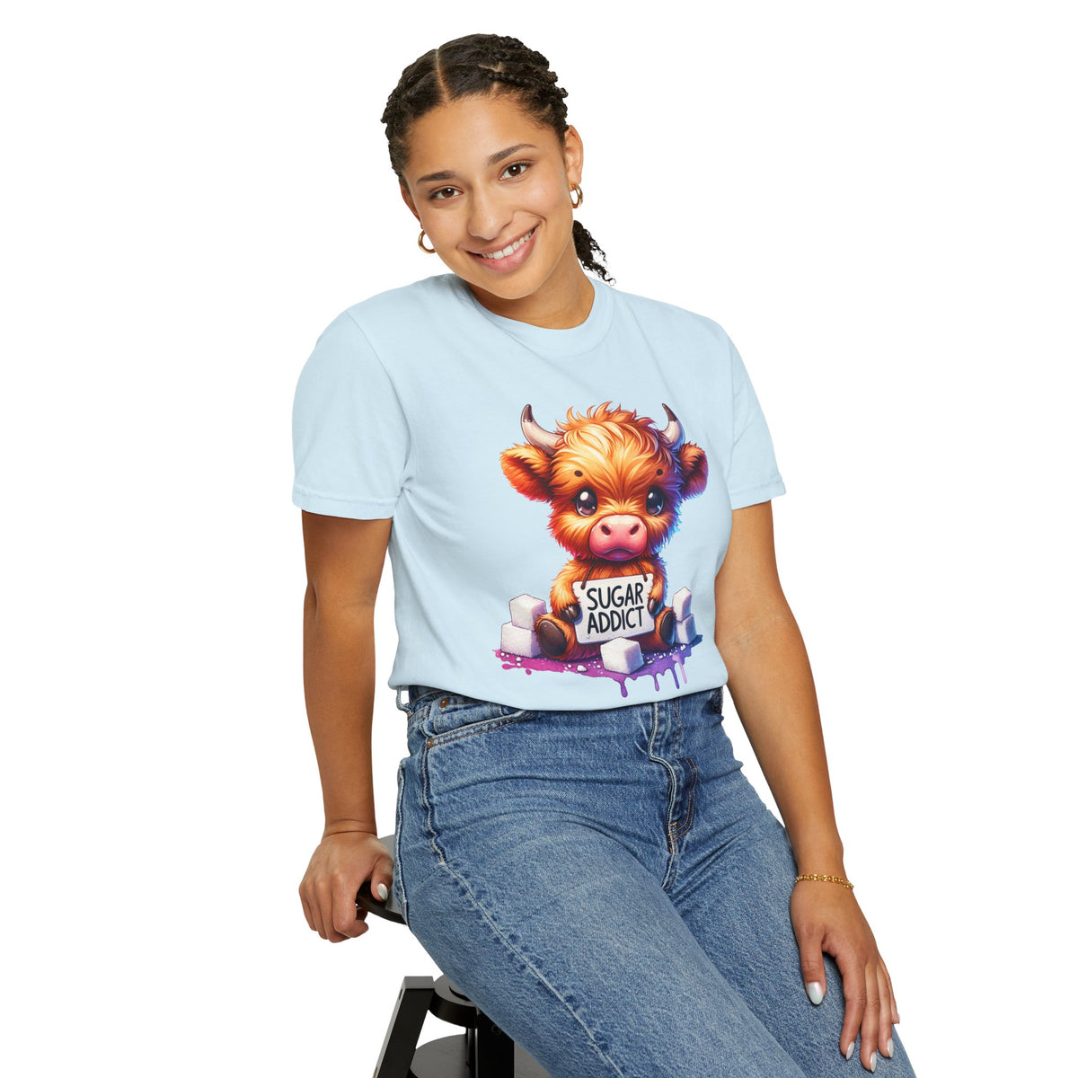 Sugar Addict Highland Cow - Comfort Colors | Trendy Women's T-Shirt. Direct to Garment. Printed & Shipped in the USA. Unisex Sizes.