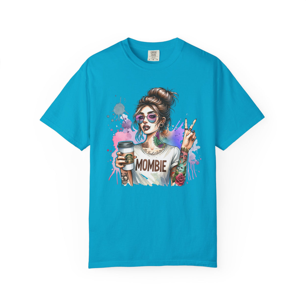 Cool Mombie with Coffee Peace Tattoo - Comfort Colors | Trendy Women's T-Shirt. Direct to Garment. Printed & Shipped in the USA. Unisex Sizes.