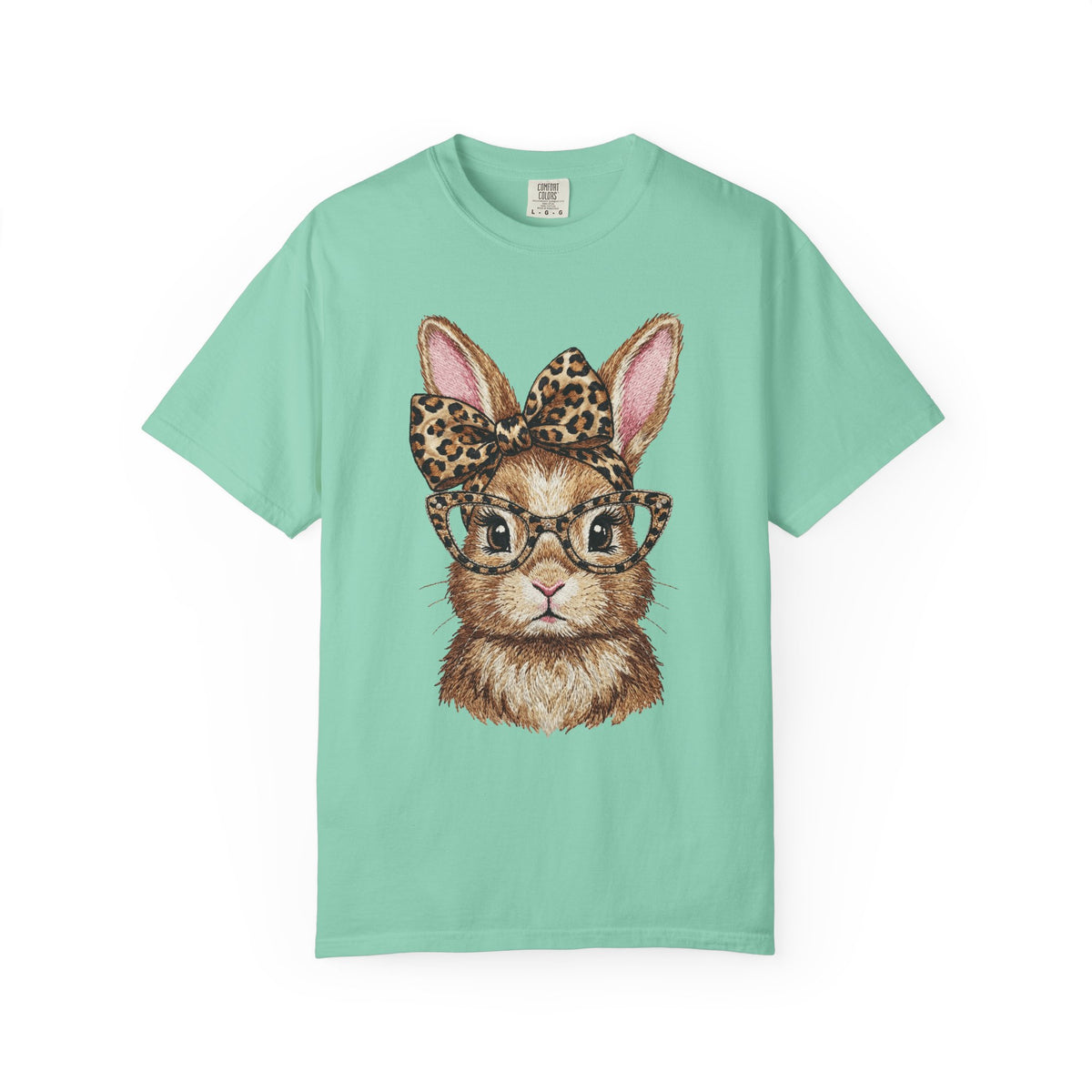 Bunny with Leopard Bow and Glasses - Comfort Colors | Trendy Women's T-Shirt. Direct to Garment. Printed & Shipped in the USA. Unisex Sizes.