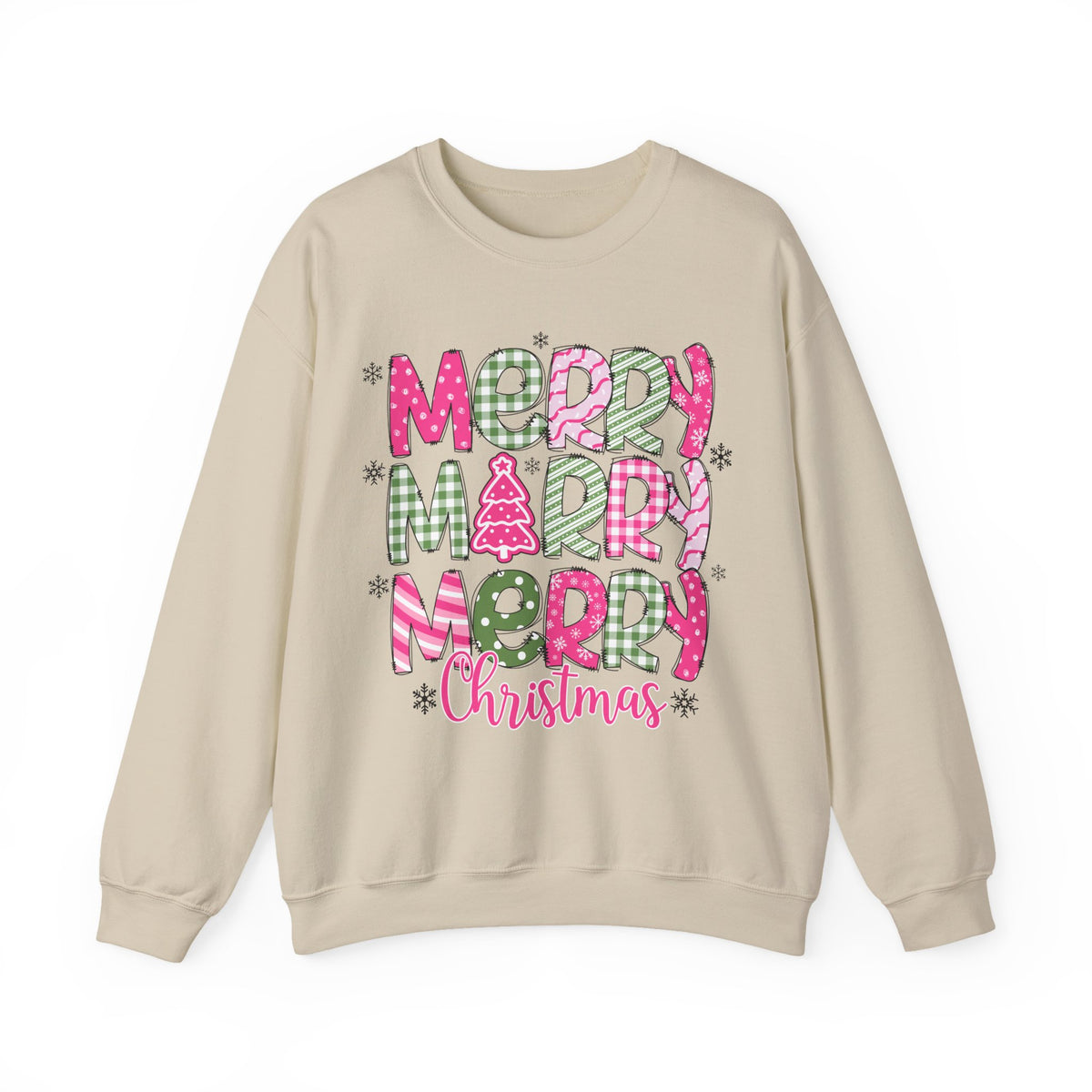 Merry Merry Merry Christmas Festive Candy Cane - Pink and Green – Gildan Heavy Blend | Trendy Women’s Soft Sweatshirt. Direct to Garment. Printed & Shipped in the USA. Unisex Sizes.