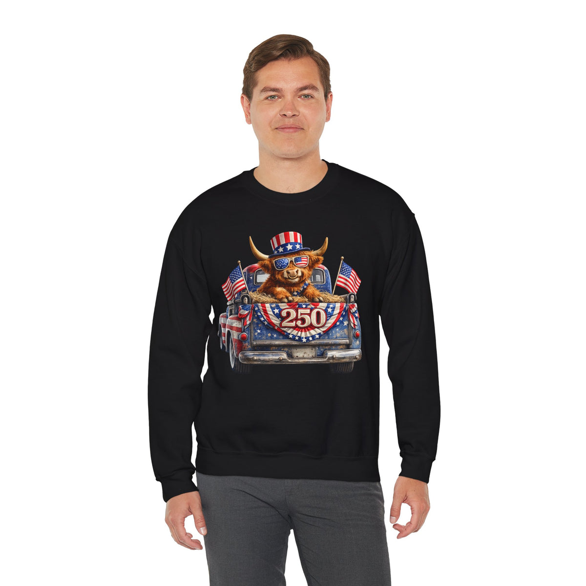 Patriotic Highland, America's 250th Birthday – Gildan Heavy Blend | Trendy Women’s and Men's Soft Sweatshirt. Direct to Garment. Printed & Shipped in the USA. Unisex Sizes.