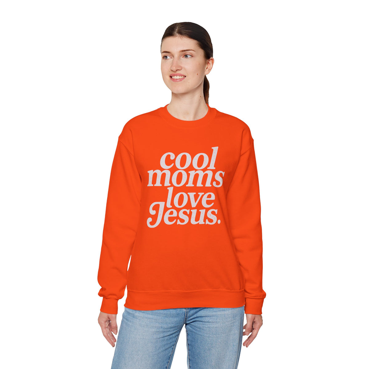 Cool Moms Love Jesus – Gildan Heavy Blend | Trendy Women’s Soft Sweatshirt. Direct to Garment. Printed & Shipped in the USA. Unisex Sizes.