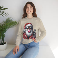Biker Santa Leather Jacket Bubblegum – Gildan Heavy Blend | Trendy Women’s and Men's Soft Sweatshirt. Direct to Garment. Printed & Shipped in the USA. Unisex Sizes.
