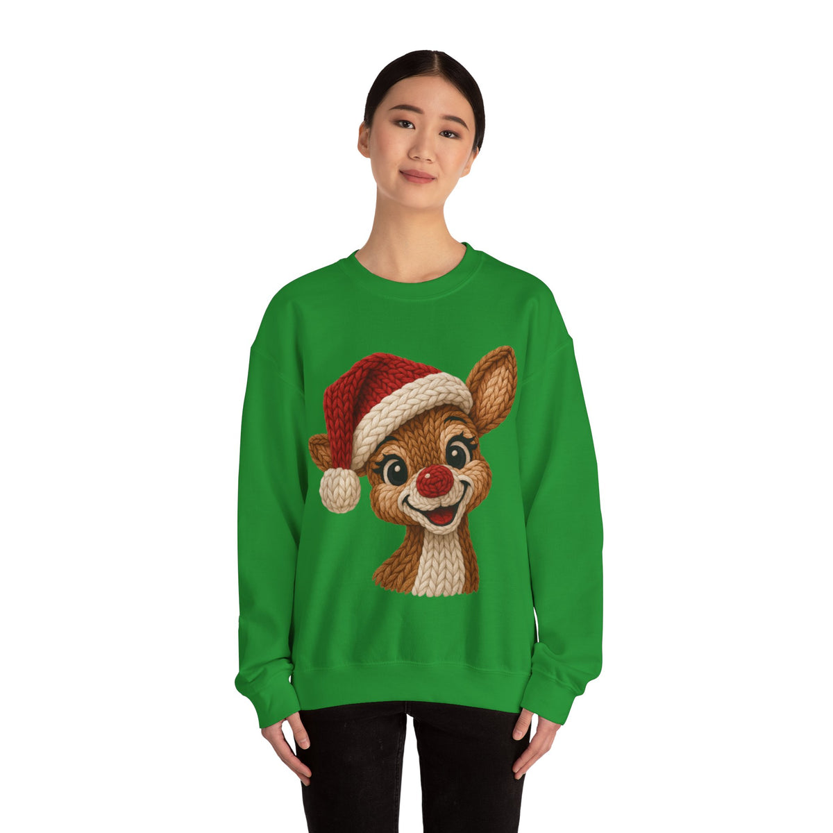 Cute Rudolph Faux Knit Look Reindeer w/Santa Hat – Gildan Heavy Blend | Trendy Women’s Soft Sweatshirt. Direct to Garment. Printed & Shipped in the USA. Unisex Sizes.