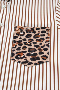 Brown & White Striped and Leopard Print Shirt Dress with Pockets