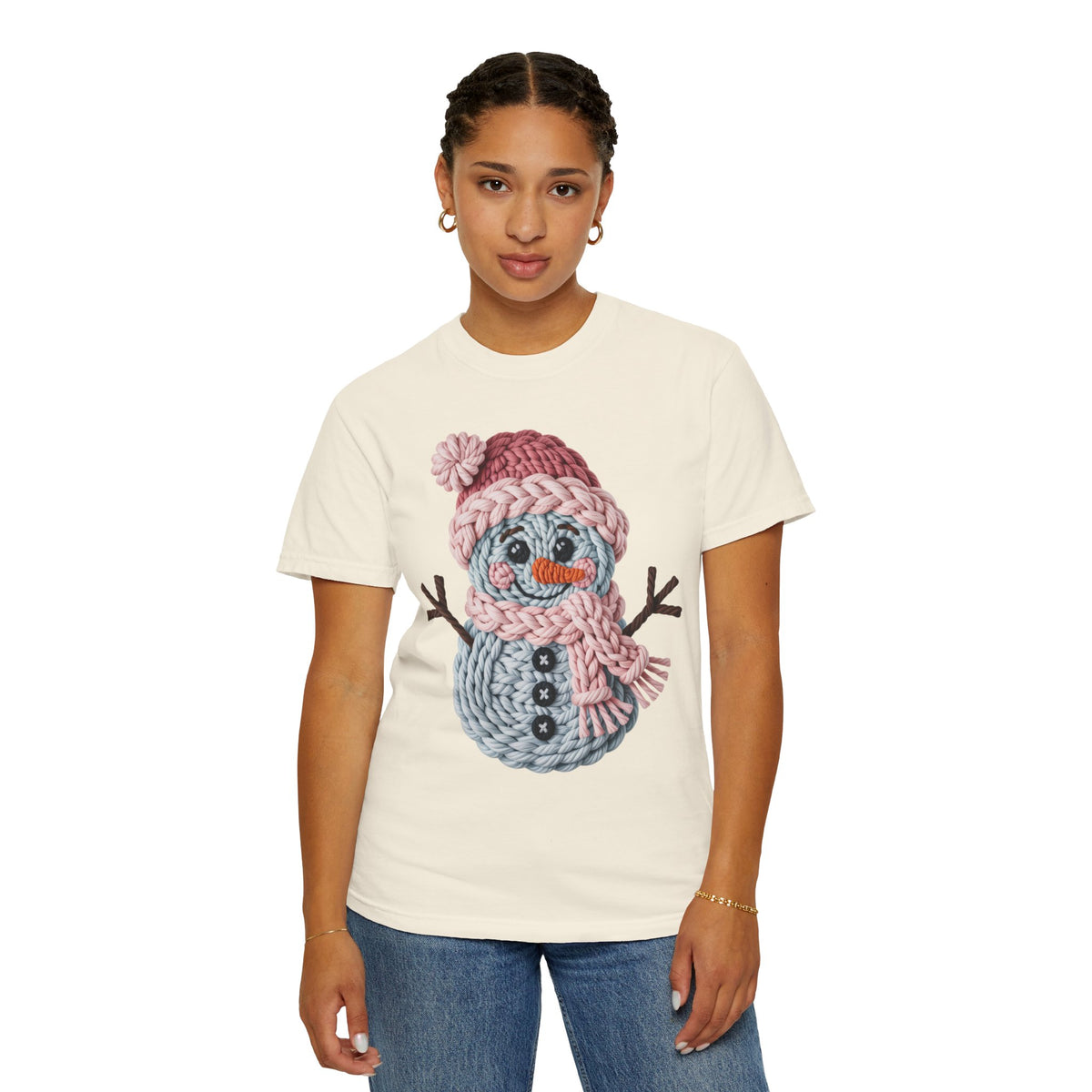 Cute Yarn Snowman - Pink Scarf - Comfort Colors | Trendy Women's T-Shirt. Direct to Garment. Printed & Shipped in the USA. Unisex Sizes.