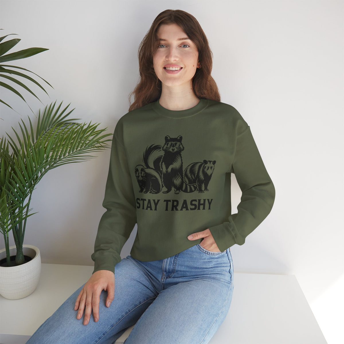 Stay Trashy, Skunk Raccoon Possum – Gildan Heavy Blend | Trendy Women’s and Men's Soft Sweatshirt. Direct to Garment. Printed & Shipped in the USA. Unisex Sizes.