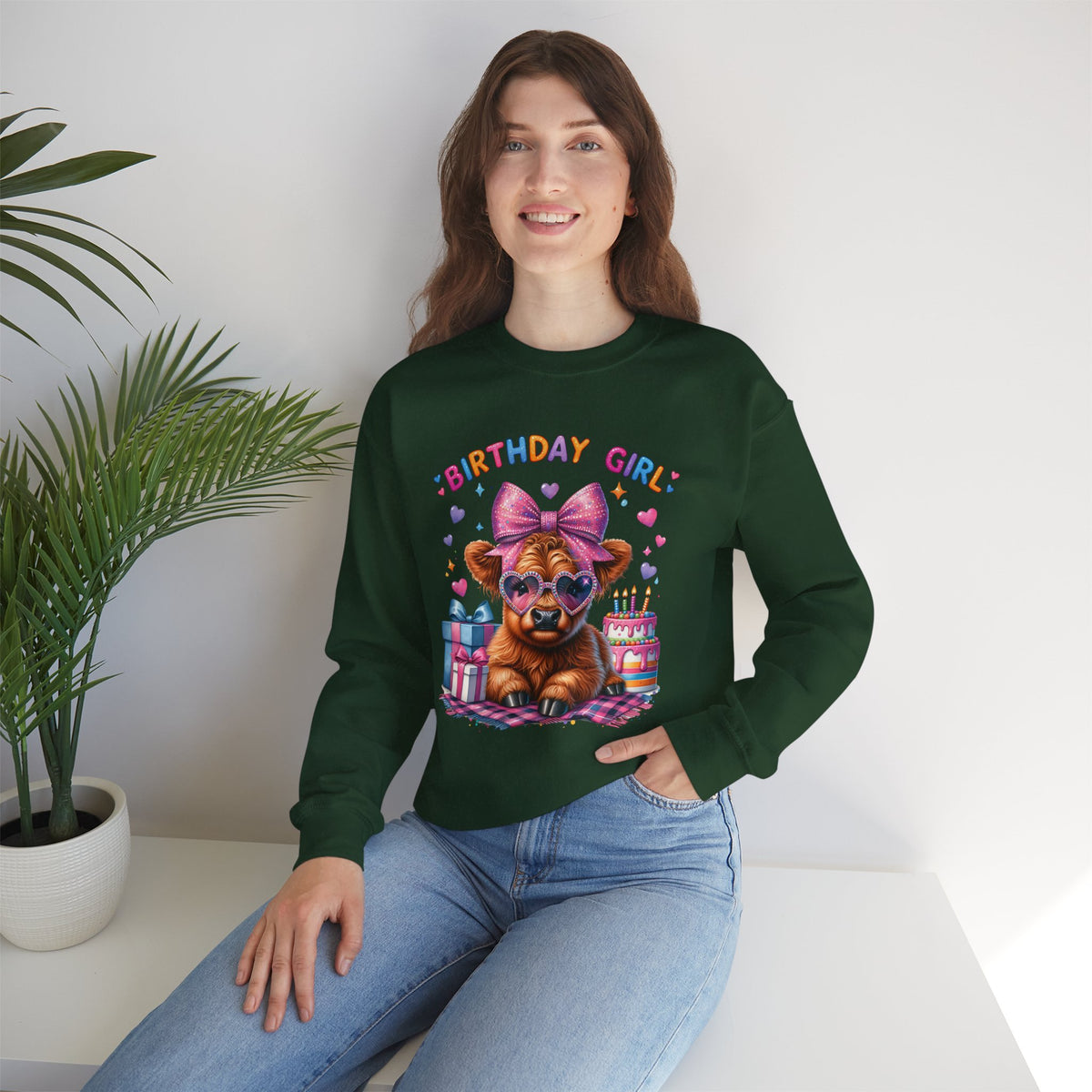 Birthday Girl, Highland Cow – Gildan Heavy Blend | Trendy Women’s Soft Sweatshirt. Direct to Garment. Printed & Shipped in the USA. Unisex Sizes.