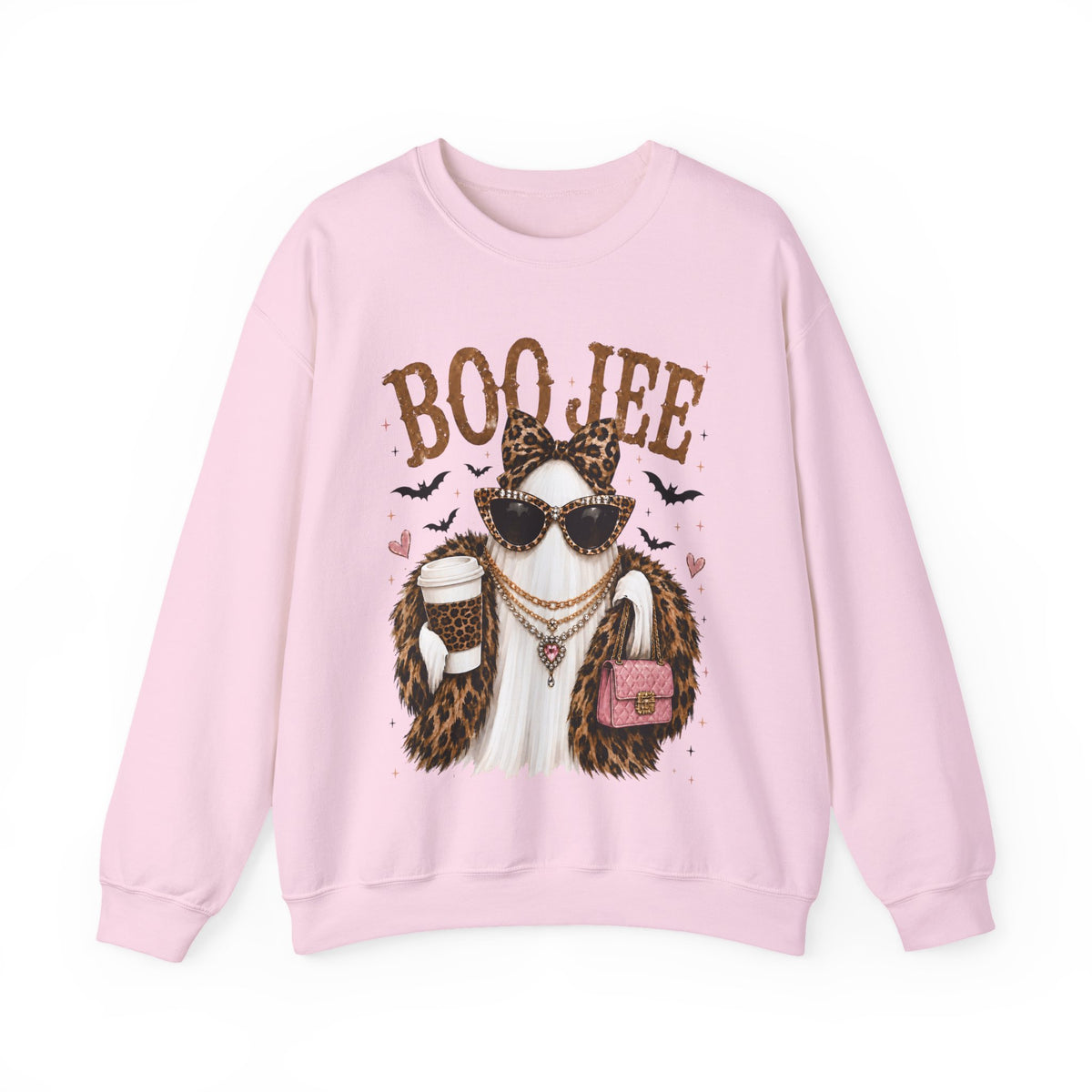 BooJee Ghost with Coffee - Halloween – Gildan Heavy Blend | Trendy Women’s Soft Sweatshirt. Direct to Garment. Printed & Shipped in the USA. Unisex Sizes.