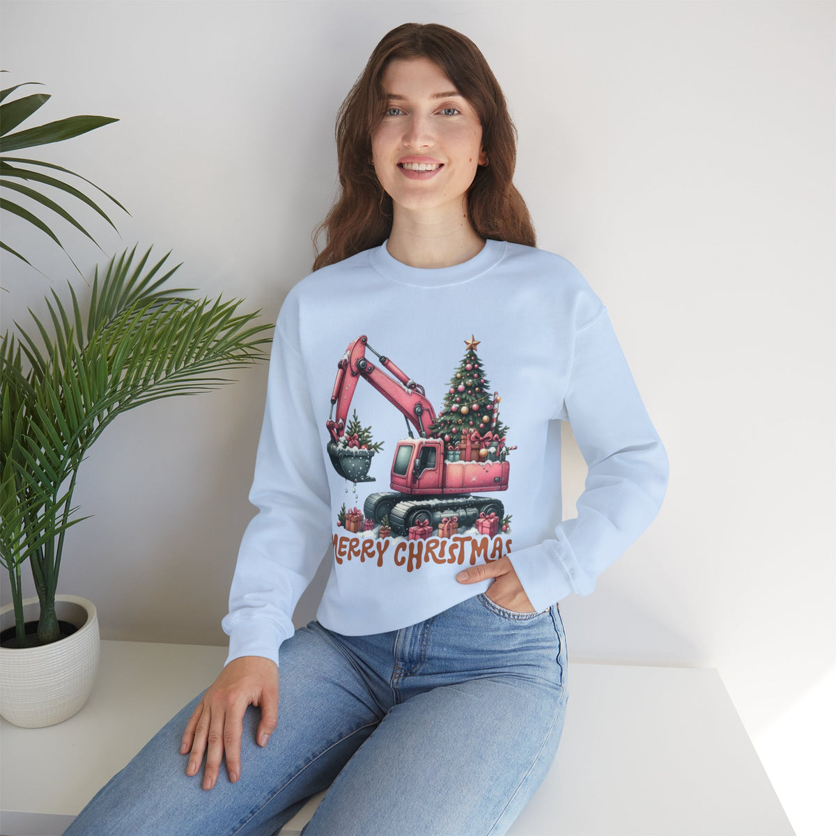 Excavator Merry Christmas Construction – Gildan Heavy Blend | Trendy Women’s Soft Sweatshirt. Direct to Garment. Printed & Shipped in the USA. Unisex Sizes.