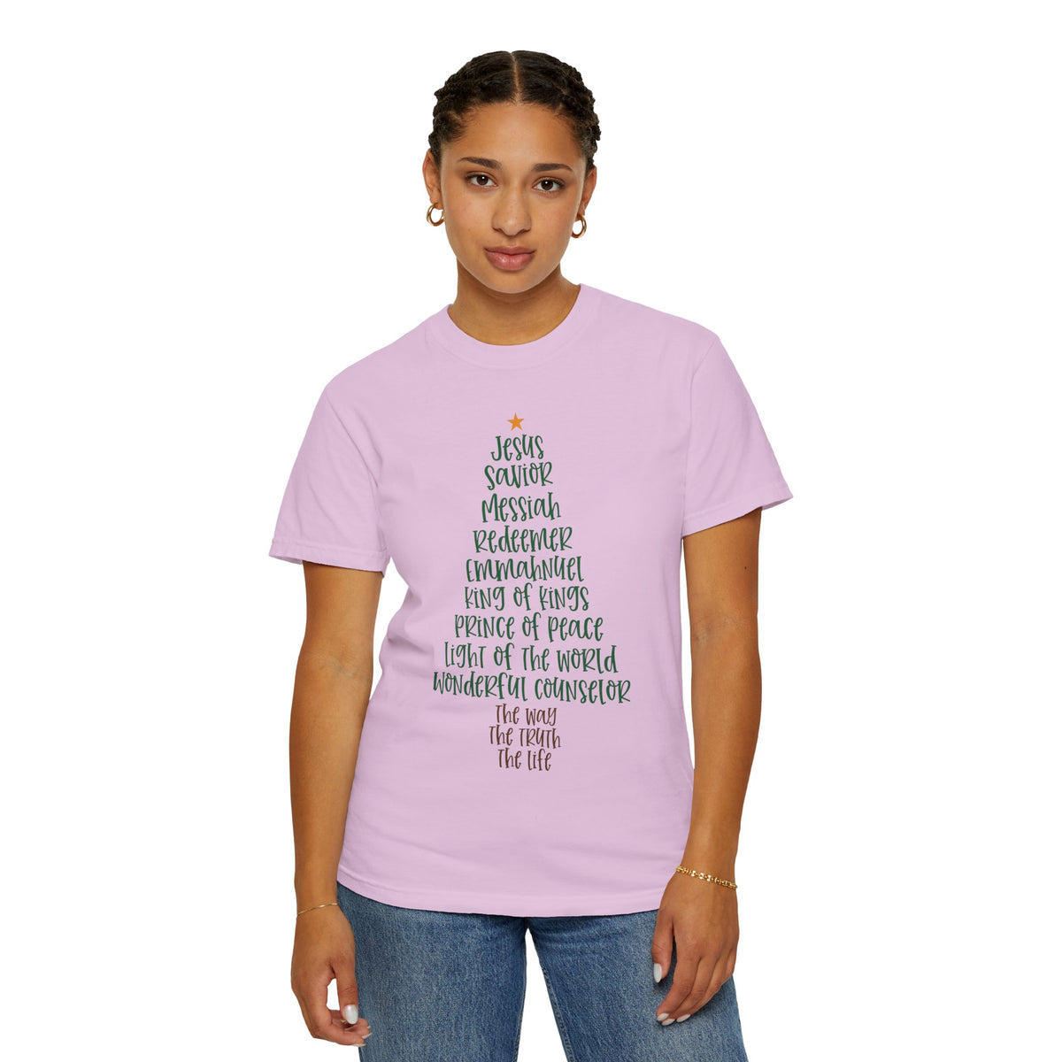 Jesus Name Christmas Tree - Comfort Colors | Trendy Women's T-Shirt. Direct to Garment. Printed & Shipped in the USA. Unisex Sizes.