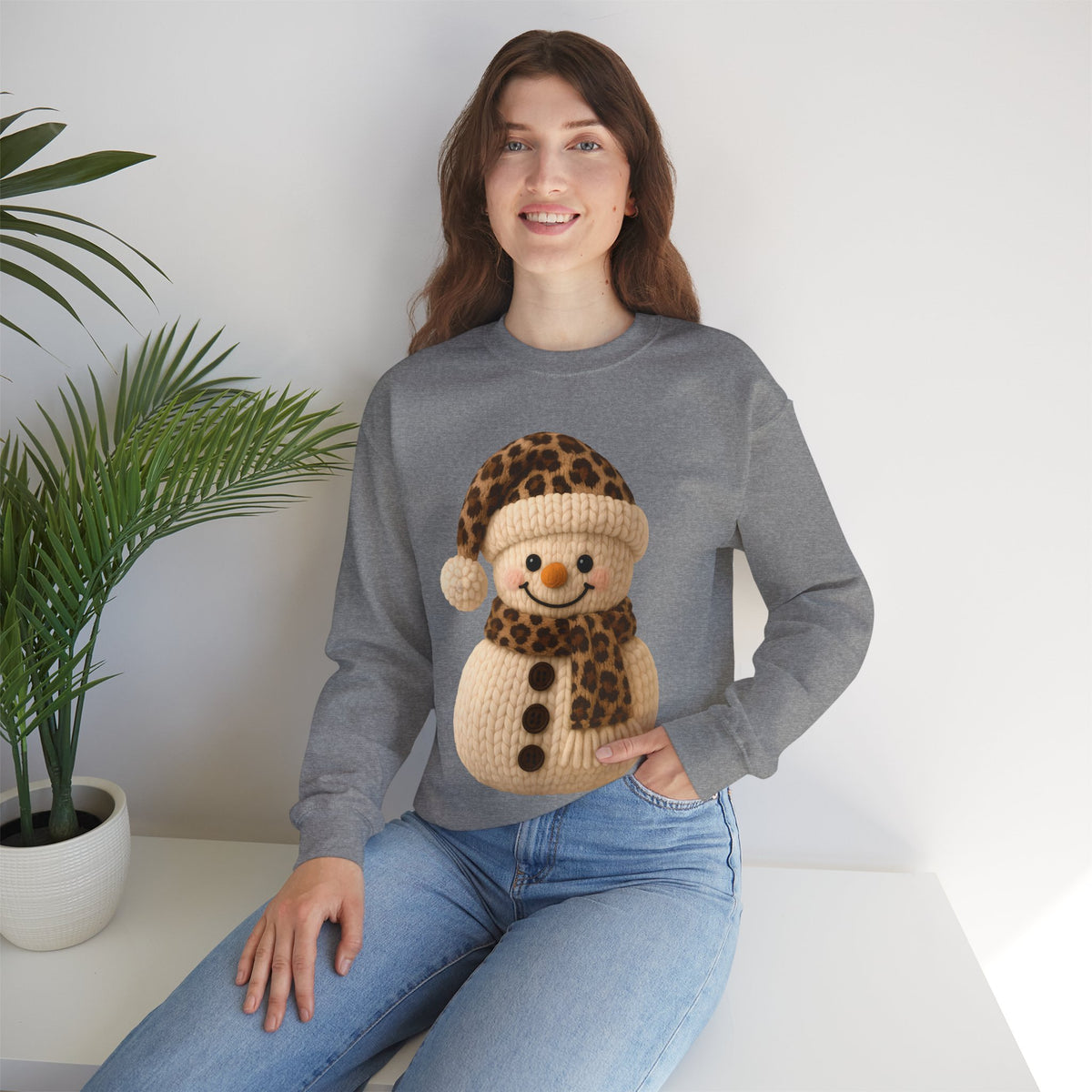 Cute Leopard Faux Knit Snowman Winter – Gildan Heavy Blend | Trendy Women’s Soft Sweatshirt. Direct to Garment. Printed & Shipped in the USA. Unisex Sizes.