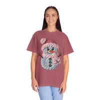 Cute Yarn Snowman - Pink Scarf - Comfort Colors | Trendy Women's T-Shirt. Direct to Garment. Printed & Shipped in the USA. Unisex Sizes.
