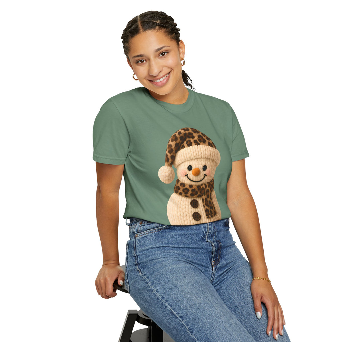 Cute Leopard Faux Knit Snowman Winter - Comfort Colors | Trendy Women's T-Shirt. Direct to Garment. Printed & Shipped in the USA. Unisex Sizes.