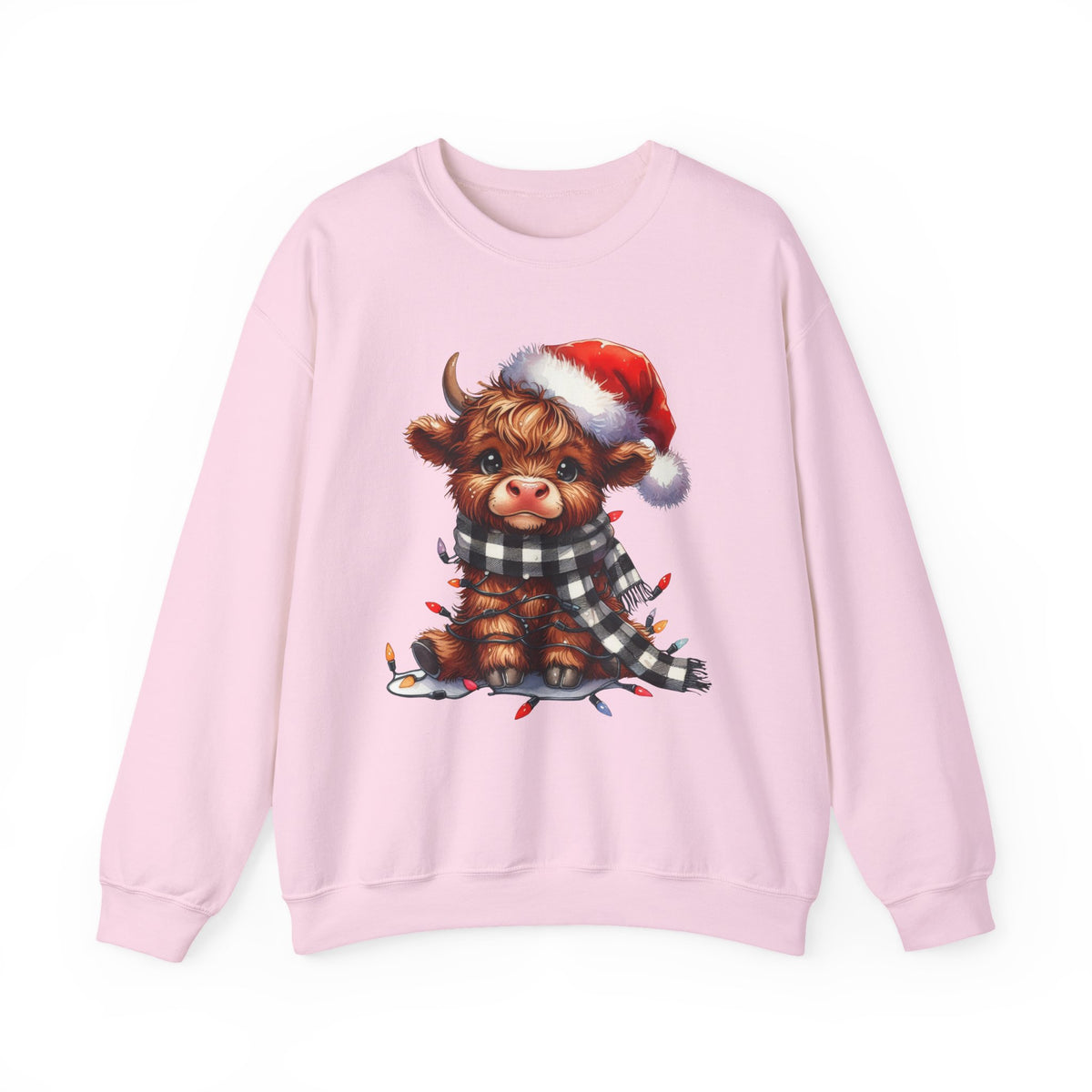 Cute Highland Cow Santa Hat Scarf Christmas Lights – Gildan Heavy Blend | Trendy Women’s Soft Sweatshirt. Direct to Garment. Printed & Shipped in the USA. Unisex Sizes.