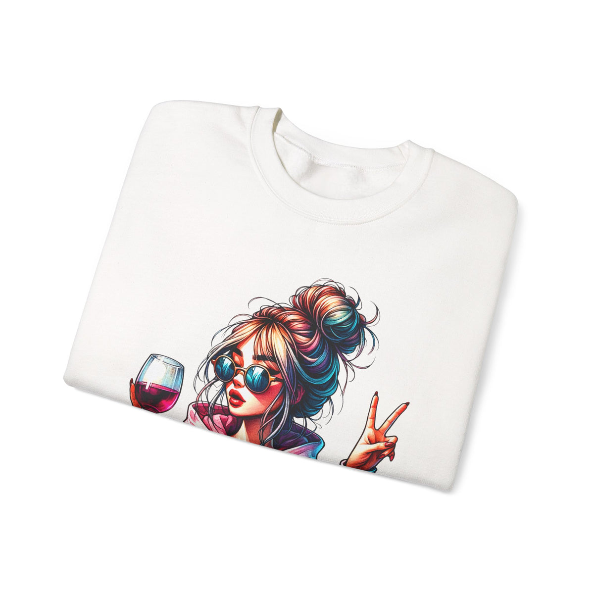 Dramatic Girl With Wine Messy Bun Peace Sign – Gildan Heavy Blend | Trendy Women’s Soft Sweatshirt. Direct to Garment. Printed & Shipped in the USA. Unisex Sizes.