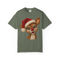 Cute Rudolph Faux Knit Look Reindeer w/Santa Hat - Comfort Colors | Trendy Women's T-Shirt. Direct to Garment. Printed & Shipped in the USA. Unisex Sizes.