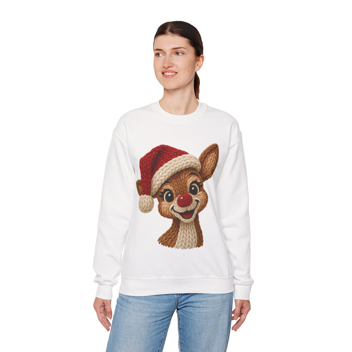 Cute Rudolph Faux Knit Look Reindeer w/Santa Hat – Gildan Heavy Blend | Trendy Women’s Soft Sweatshirt. Direct to Garment. Printed & Shipped in the USA. Unisex Sizes.