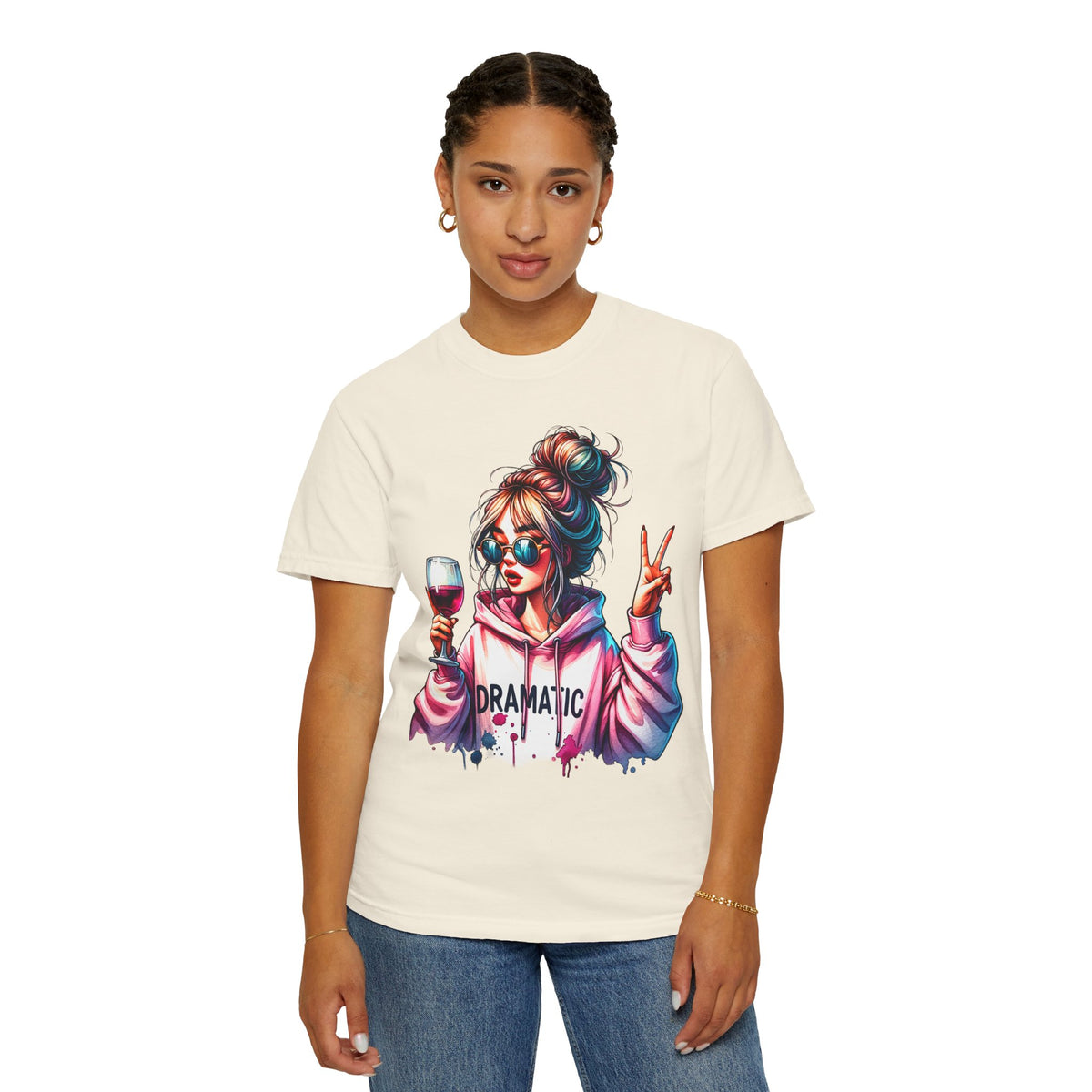 Dramatic Girl With Wine Messy Bun Peace Sign  - Comfort Colors | Trendy Women's T-Shirt. Direct to Garment. Printed & Shipped in the USA. Unisex Sizes.