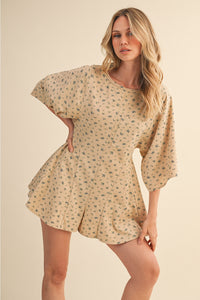 Beige Floral (85% Cotton) Flowy Shorts Romper w/Pockets