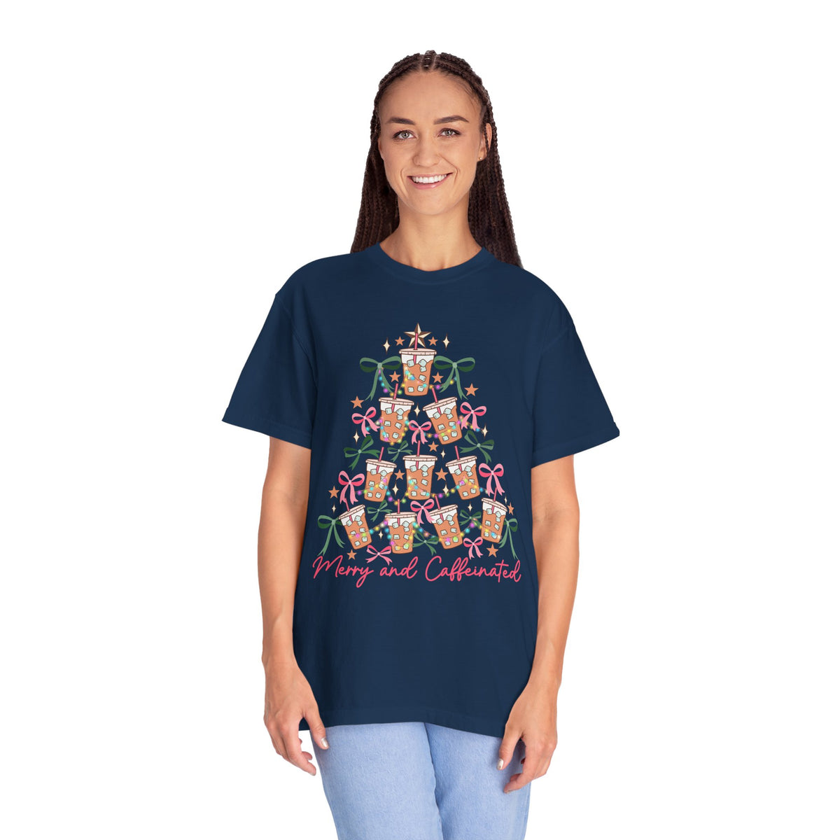 Merry and Caffeinated Iced Coffee Christmas Tree - Comfort Colors | Trendy Women's T-Shirt. Direct to Garment. Printed & Shipped in the USA. Unisex Sizes.