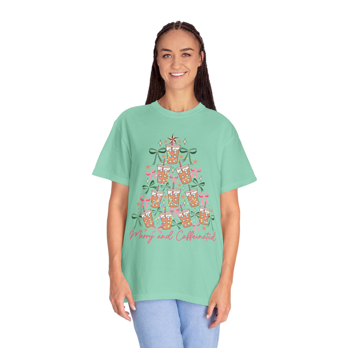 Merry and Caffeinated Iced Coffee Christmas Tree - Comfort Colors | Trendy Women's T-Shirt. Direct to Garment. Printed & Shipped in the USA. Unisex Sizes.