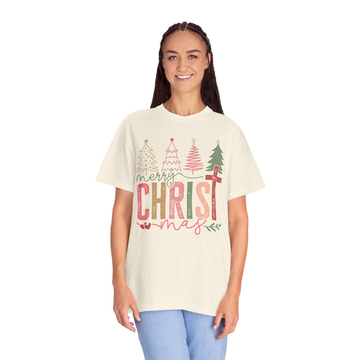 Merry ChrisTmas Christian Faith Graphic - Comfort Colors | Trendy Women's T-Shirt. Direct to Garment. Printed & Shipped in the USA. Unisex Sizes.